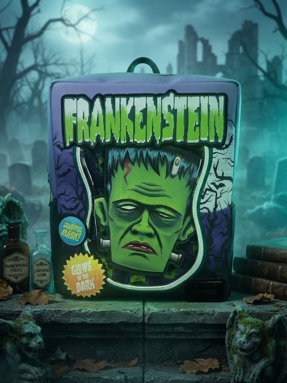 Loungefly Universal Monsters Frankenstein Mask Glow Mini Backpack With Coin Bag